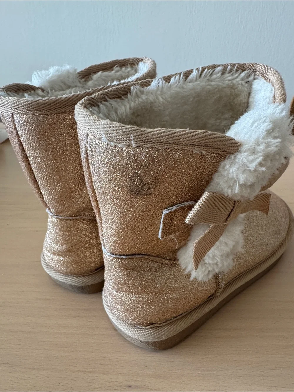 Kids Sparkle Tan golden Boots with Faux Fur Pom Poms